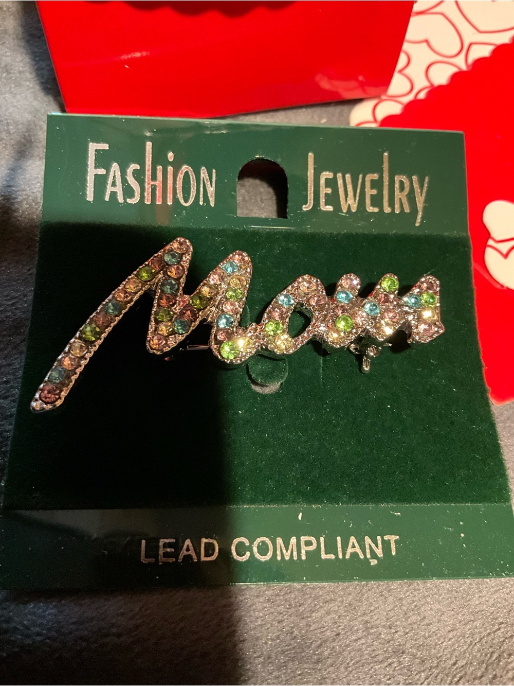 MOM CRYSTAL Multicolor Rhinestone "Mom" Pin Brooch vintage Y2K NEW W/GIFT BOX